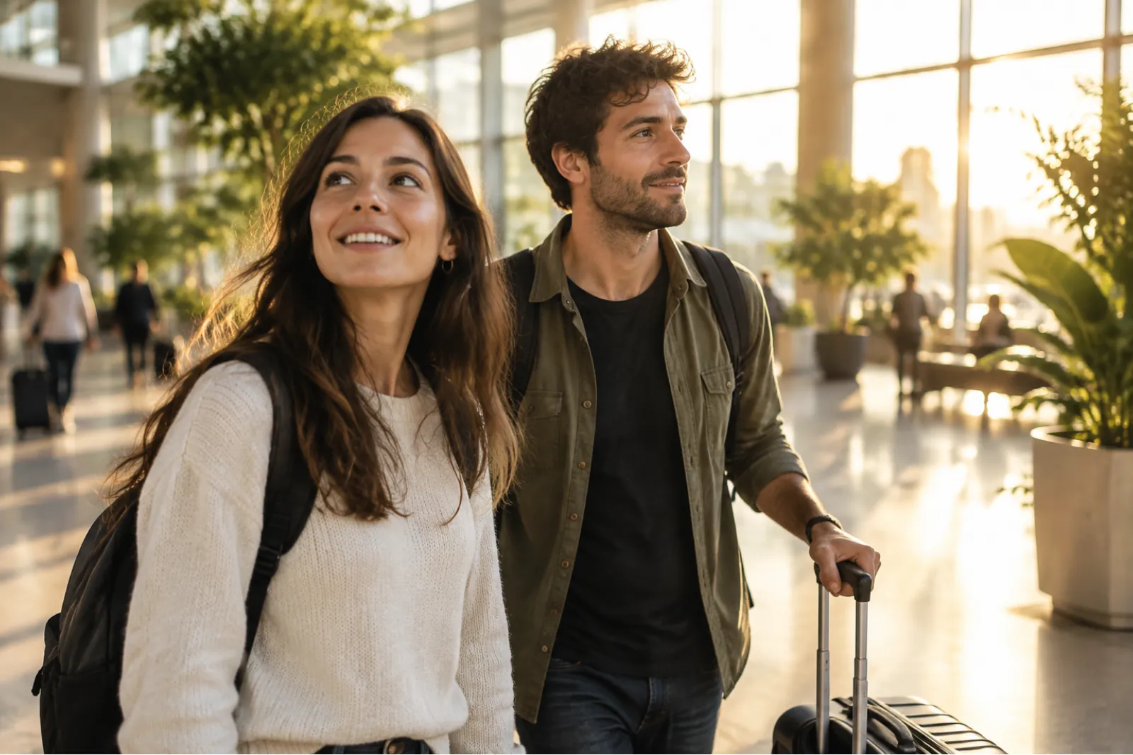 Una pareja llega a México con su equipaje, sonriendo. Imagen ilustrativa.